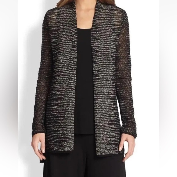 EILEEN FISHER NWOT Washable Wool Linen Blurred Stripes Straight Cardigan - Picture 1 of 8